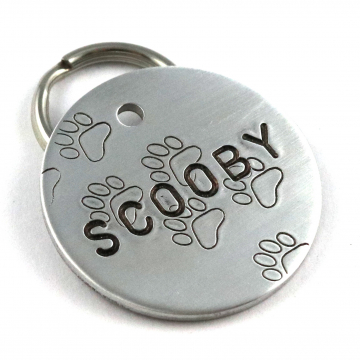 Fun Metal Pet ID Tag With Paw Prints - Hand Stamped Dog Name Tag