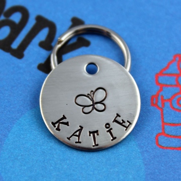 SMALL Customized Dog or Cat Tag with Butterfly - Metal Pet Tag